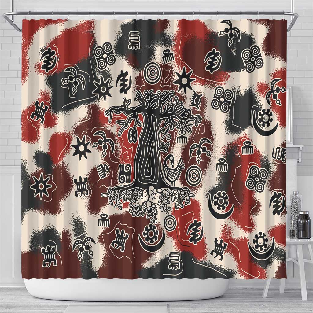 Sacred Heritage Shower Curtain African Abstract Baobab Tree, Ethnic Symbols, and Red-Black Pattern - Wonder Print Shop