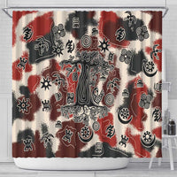Sacred Heritage Shower Curtain African Abstract Baobab Tree, Ethnic Symbols, and Red-Black Pattern - Wonder Print Shop