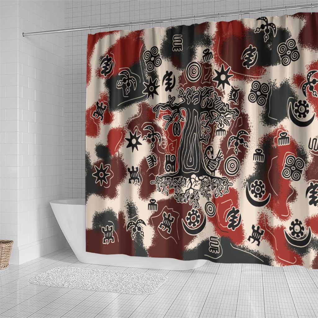 Sacred Heritage Shower Curtain African Abstract Baobab Tree, Ethnic Symbols, and Red-Black Pattern - Wonder Print Shop