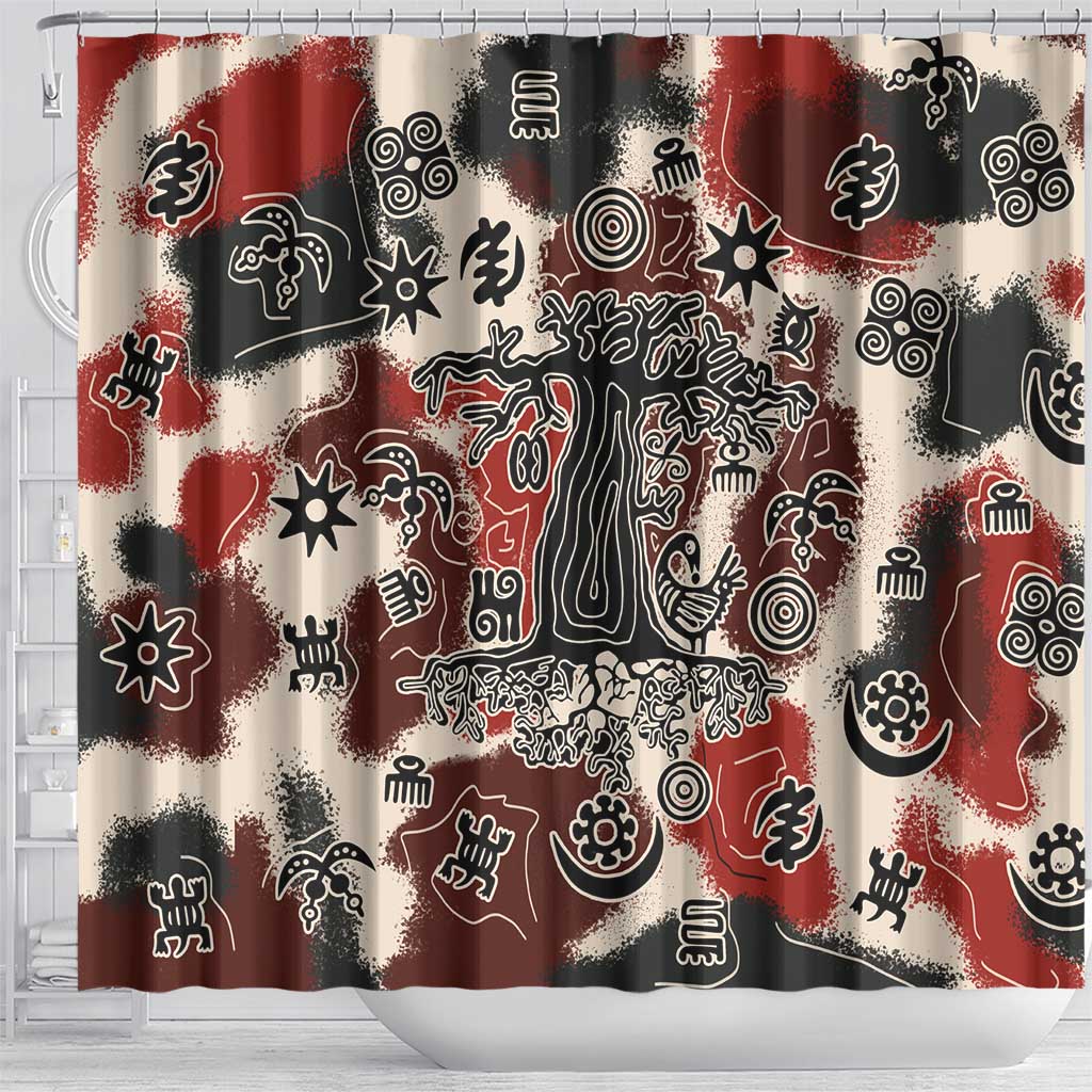 Sacred Heritage Shower Curtain African Abstract Baobab Tree, Ethnic Symbols, and Red-Black Pattern - Wonder Print Shop