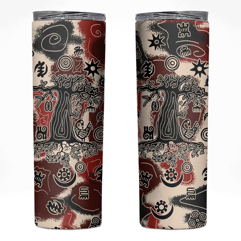 Sacred Heritage Skinny Tumbler African Abstract Baobab Tree, Ethnic Symbols, and Red-Black Pattern - Wonder Print Shop