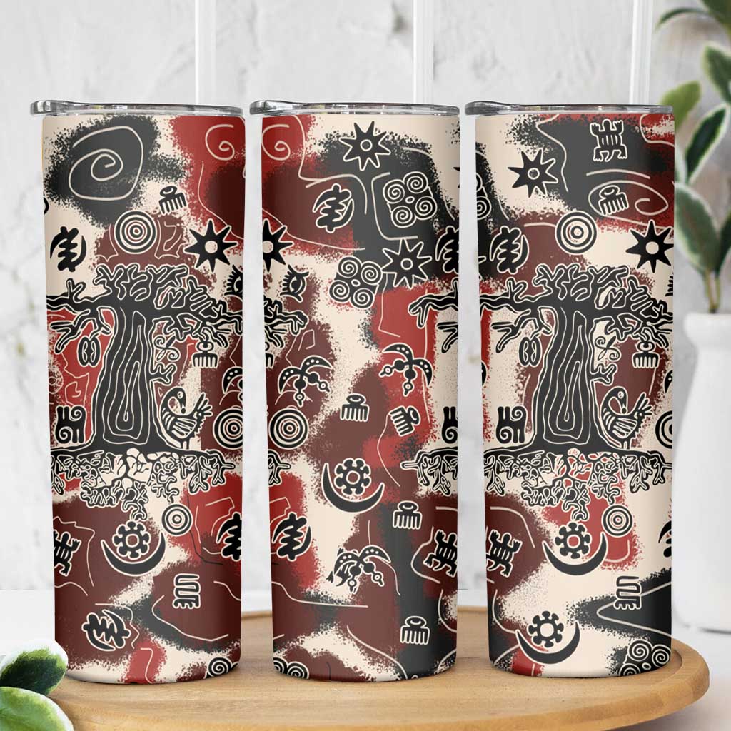 Sacred Heritage Skinny Tumbler African Abstract Baobab Tree, Ethnic Symbols, and Red-Black Pattern - Wonder Print Shop
