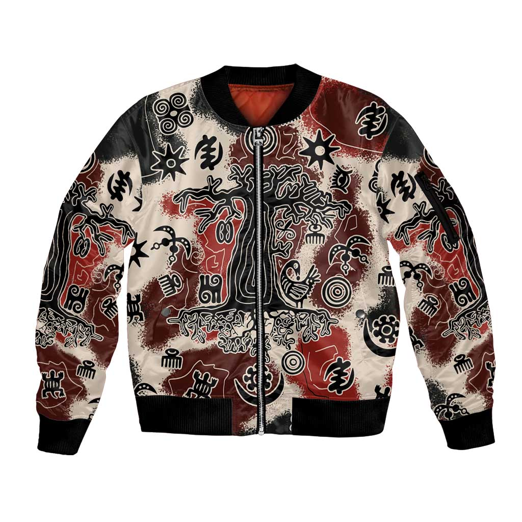 Sacred Heritage Sleeve Zip Bomber Jacket African Abstract Baobab Tree, Ethnic Symbols, and Red-Black Pattern - Wonder Print Shop