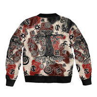Sacred Heritage Sleeve Zip Bomber Jacket African Abstract Baobab Tree, Ethnic Symbols, and Red-Black Pattern - Wonder Print Shop