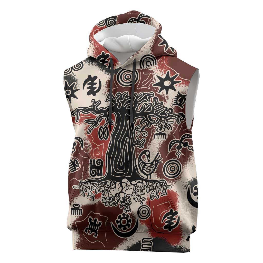 Sacred Heritage Sleeveless Hoodie African Abstract Baobab Tree, Ethnic Symbols, and Red-Black Pattern - Wonder Print Shop