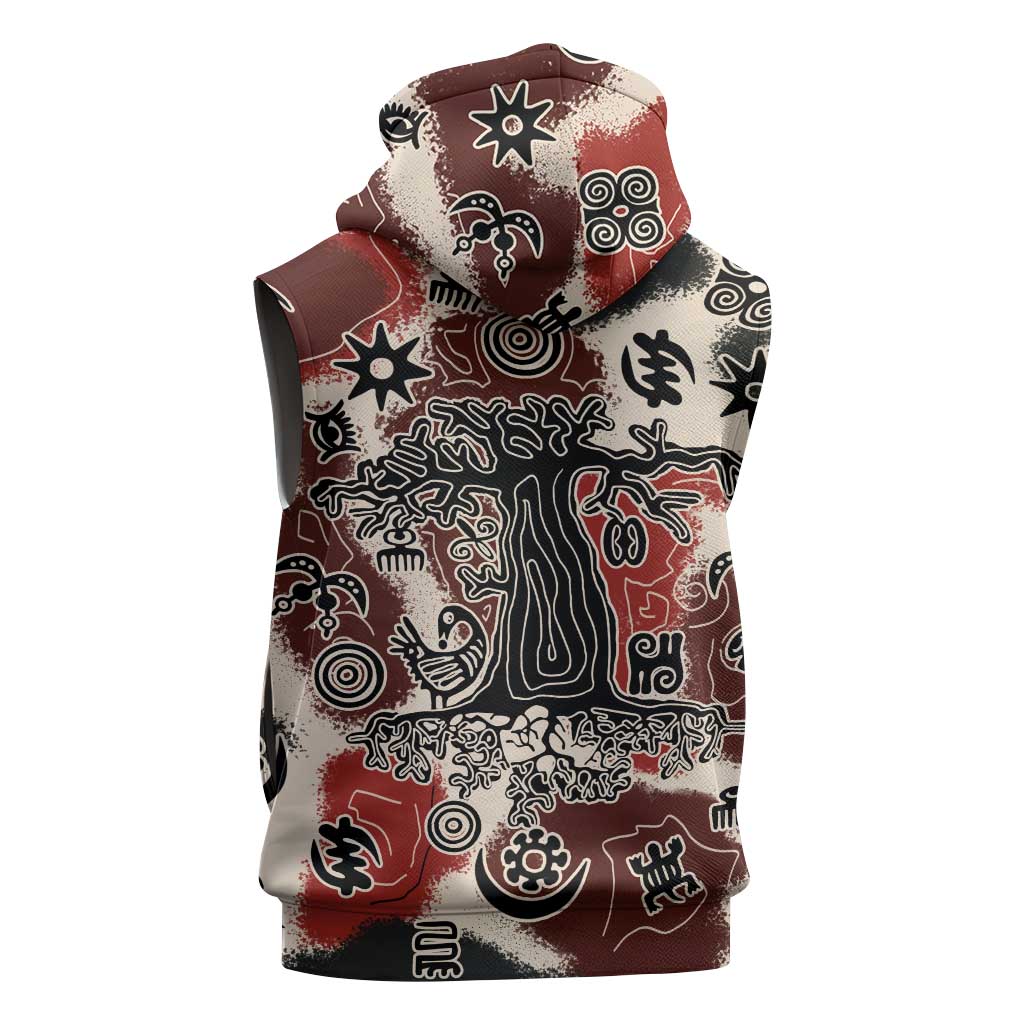 Sacred Heritage Sleeveless Hoodie African Abstract Baobab Tree, Ethnic Symbols, and Red-Black Pattern - Wonder Print Shop