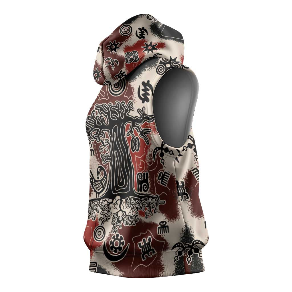 Sacred Heritage Sleeveless Hoodie African Abstract Baobab Tree, Ethnic Symbols, and Red-Black Pattern - Wonder Print Shop