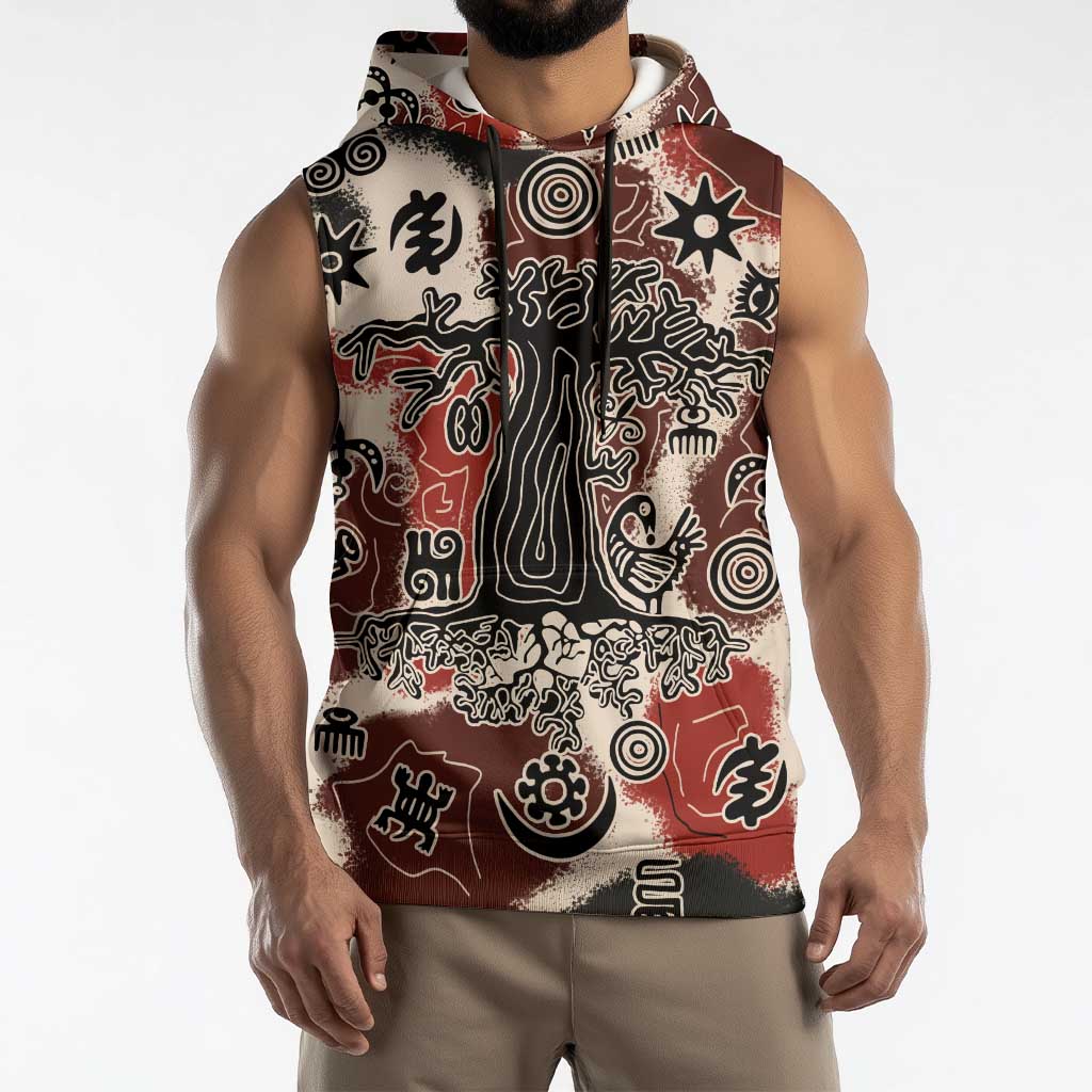 Sacred Heritage Sleeveless Hoodie African Abstract Baobab Tree, Ethnic Symbols, and Red-Black Pattern - Wonder Print Shop
