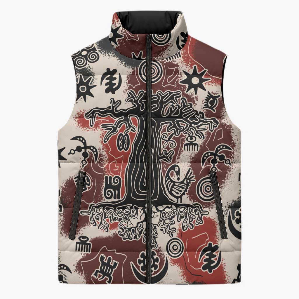 Sacred Heritage Sleeveless Puffer Jacket African Abstract Baobab Tree, Ethnic Symbols, and Red-Black Pattern - Wonder Print Shop