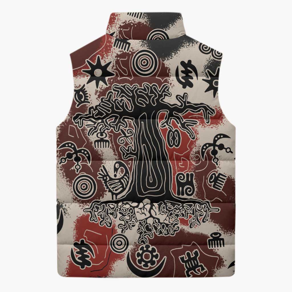 Sacred Heritage Sleeveless Puffer Jacket African Abstract Baobab Tree, Ethnic Symbols, and Red-Black Pattern - Wonder Print Shop