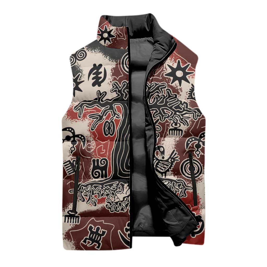 Sacred Heritage Sleeveless Puffer Jacket African Abstract Baobab Tree, Ethnic Symbols, and Red-Black Pattern - Wonder Print Shop