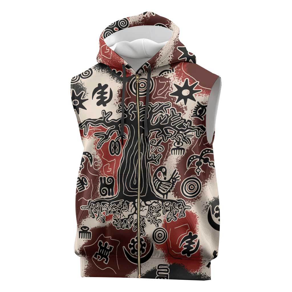 Sacred Heritage Sleeveless Zip Hoodie African Abstract Baobab Tree, Ethnic Symbols, and Red-Black Pattern - Wonder Print Shop