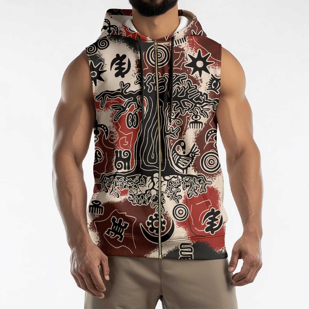 Sacred Heritage Sleeveless Zip Hoodie African Abstract Baobab Tree, Ethnic Symbols, and Red-Black Pattern - Wonder Print Shop