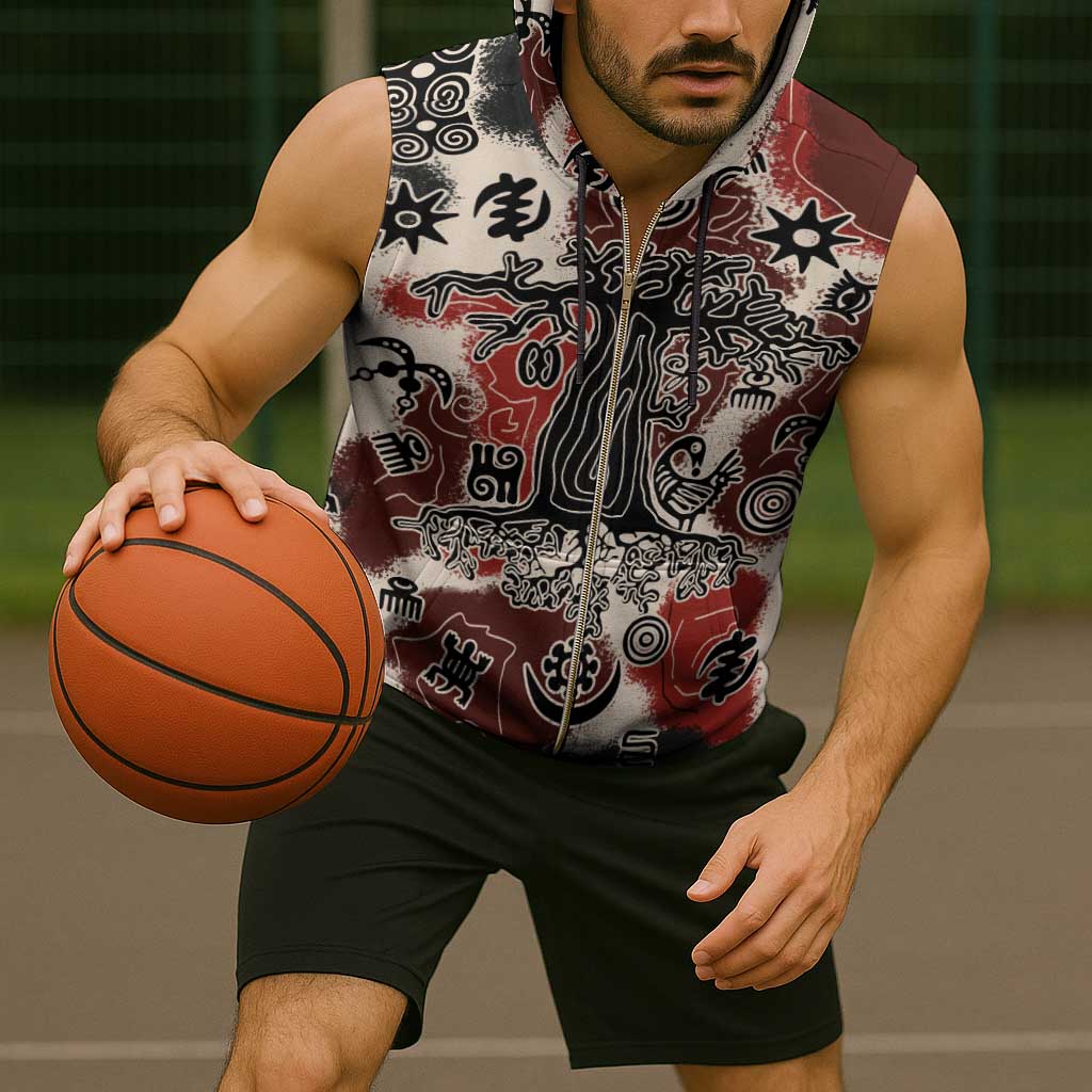 Sacred Heritage Sleeveless Zip Hoodie African Abstract Baobab Tree, Ethnic Symbols, and Red-Black Pattern - Wonder Print Shop