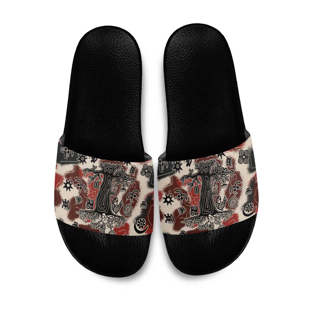 Sacred Heritage Slide Sandals African Abstract Baobab Tree, Ethnic Symbols, and Red-Black Pattern - Wonder Print Shop