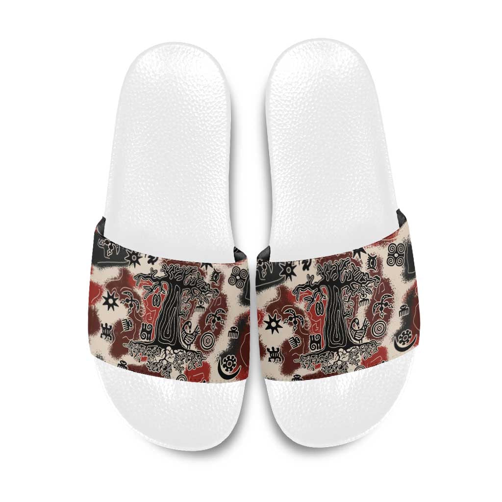 Sacred Heritage Slide Sandals African Abstract Baobab Tree, Ethnic Symbols, and Red-Black Pattern - Wonder Print Shop