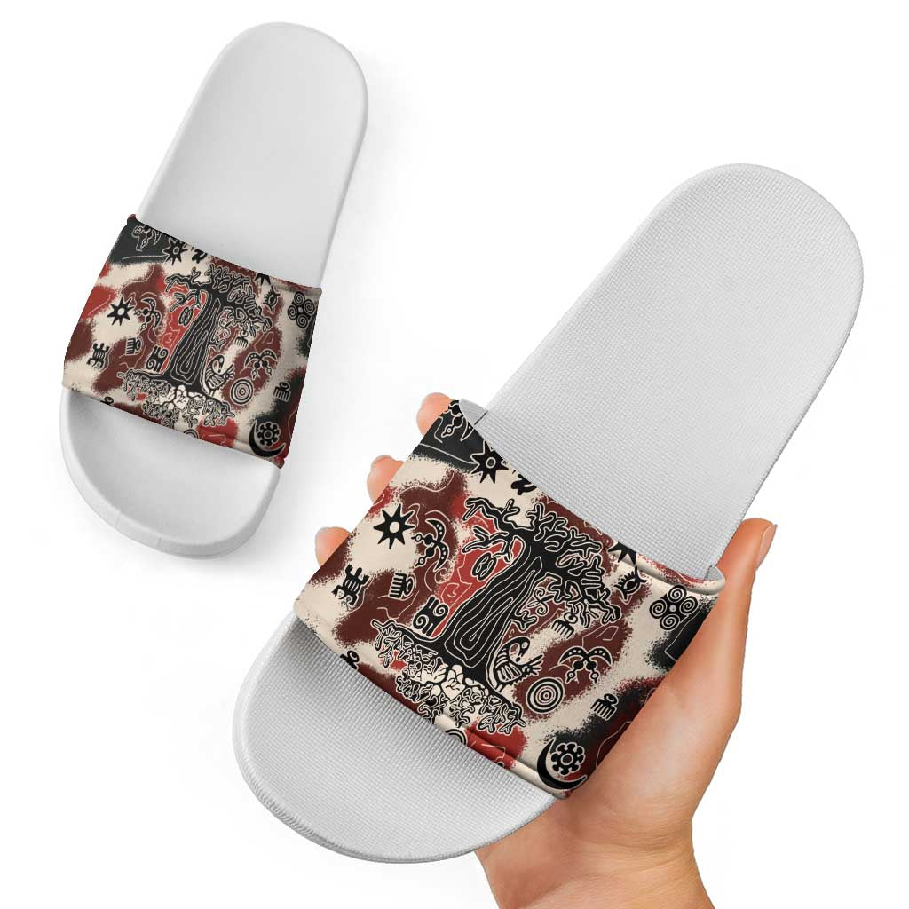 Sacred Heritage Slide Sandals African Abstract Baobab Tree, Ethnic Symbols, and Red-Black Pattern - Wonder Print Shop