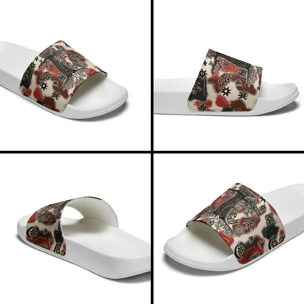 Sacred Heritage Slide Sandals African Abstract Baobab Tree, Ethnic Symbols, and Red-Black Pattern - Wonder Print Shop
