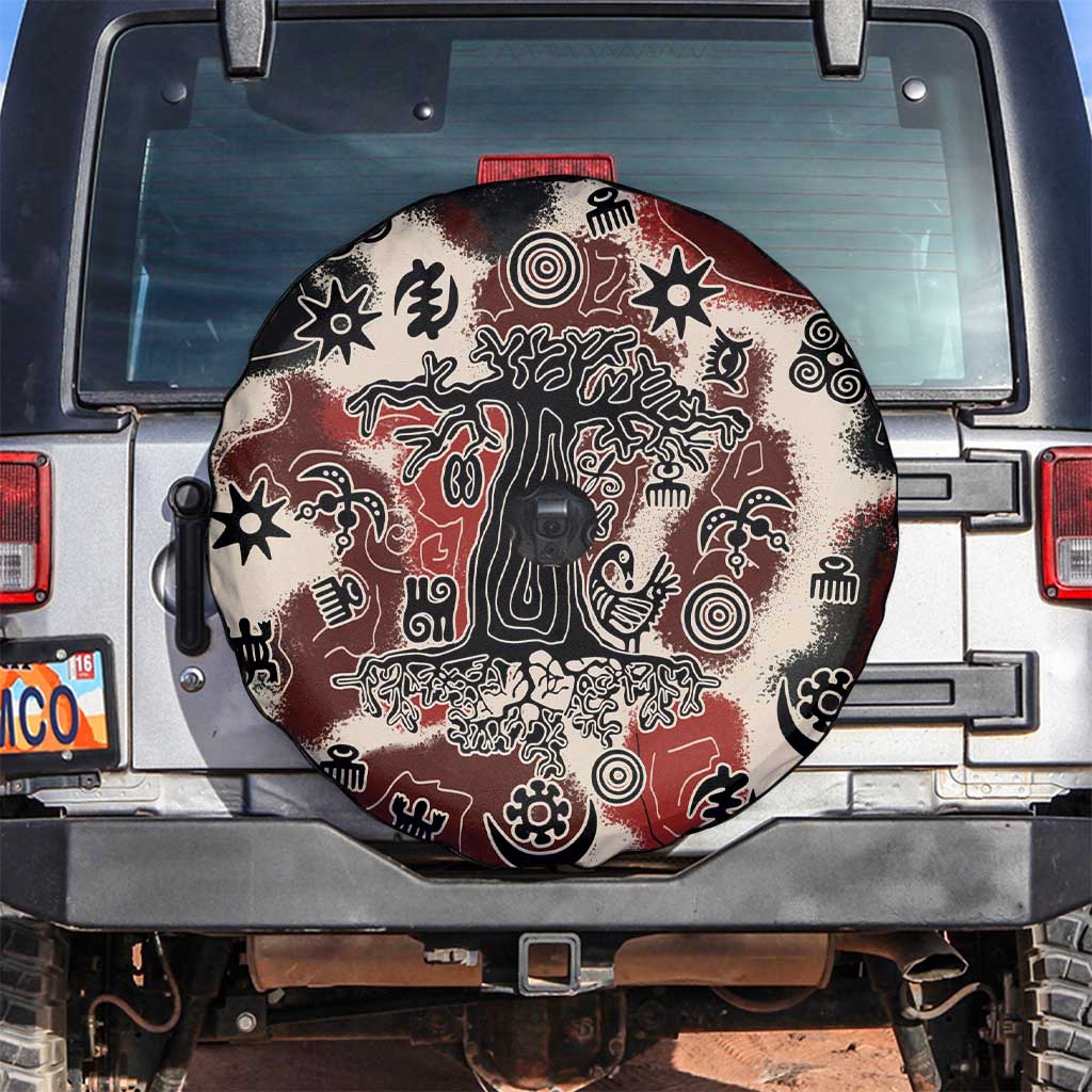 Sacred Heritage Spare Tire Cover African Abstract Baobab Tree, Ethnic Symbols, and Red-Black Pattern - Wonder Print Shop