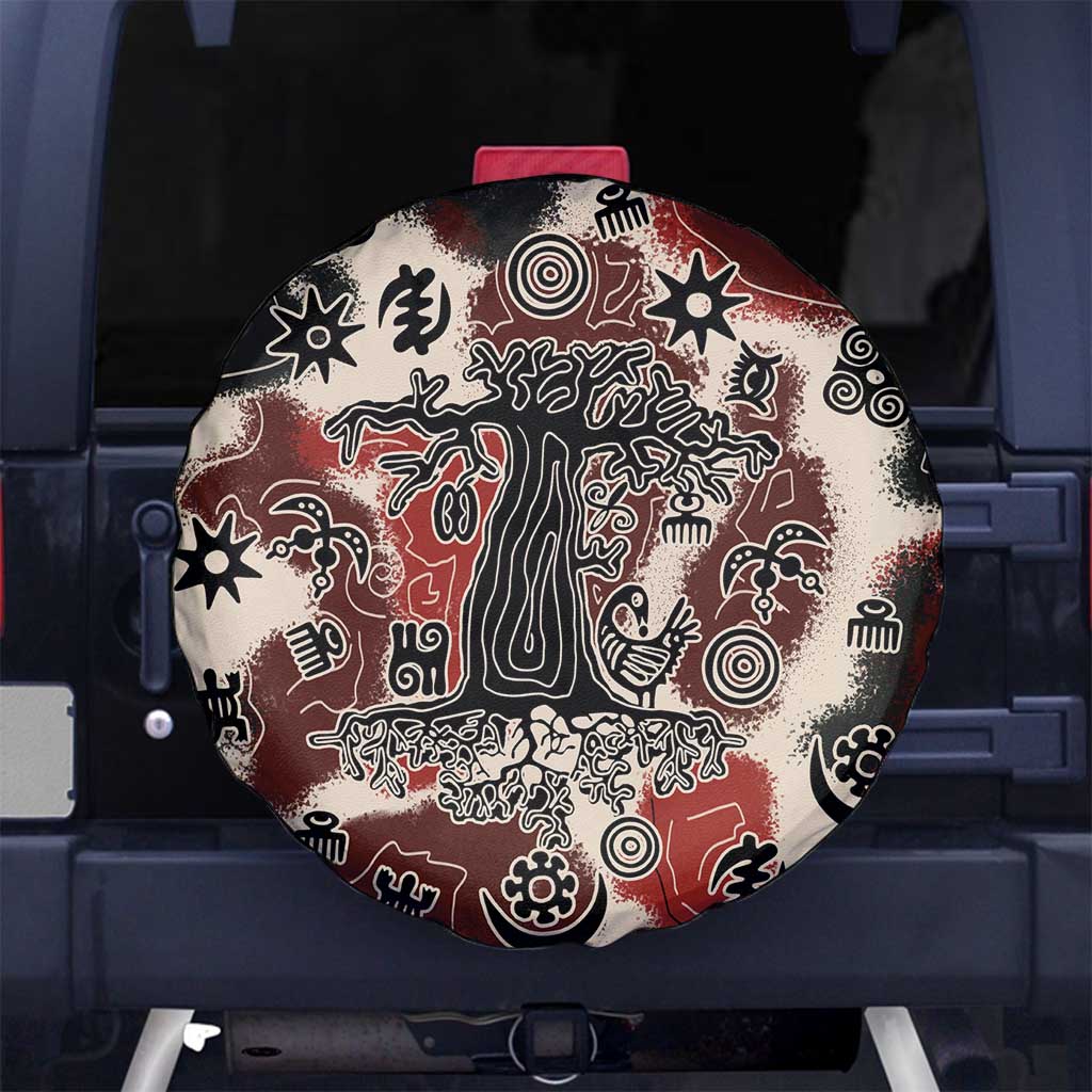 Sacred Heritage Spare Tire Cover African Abstract Baobab Tree, Ethnic Symbols, and Red-Black Pattern - Wonder Print Shop
