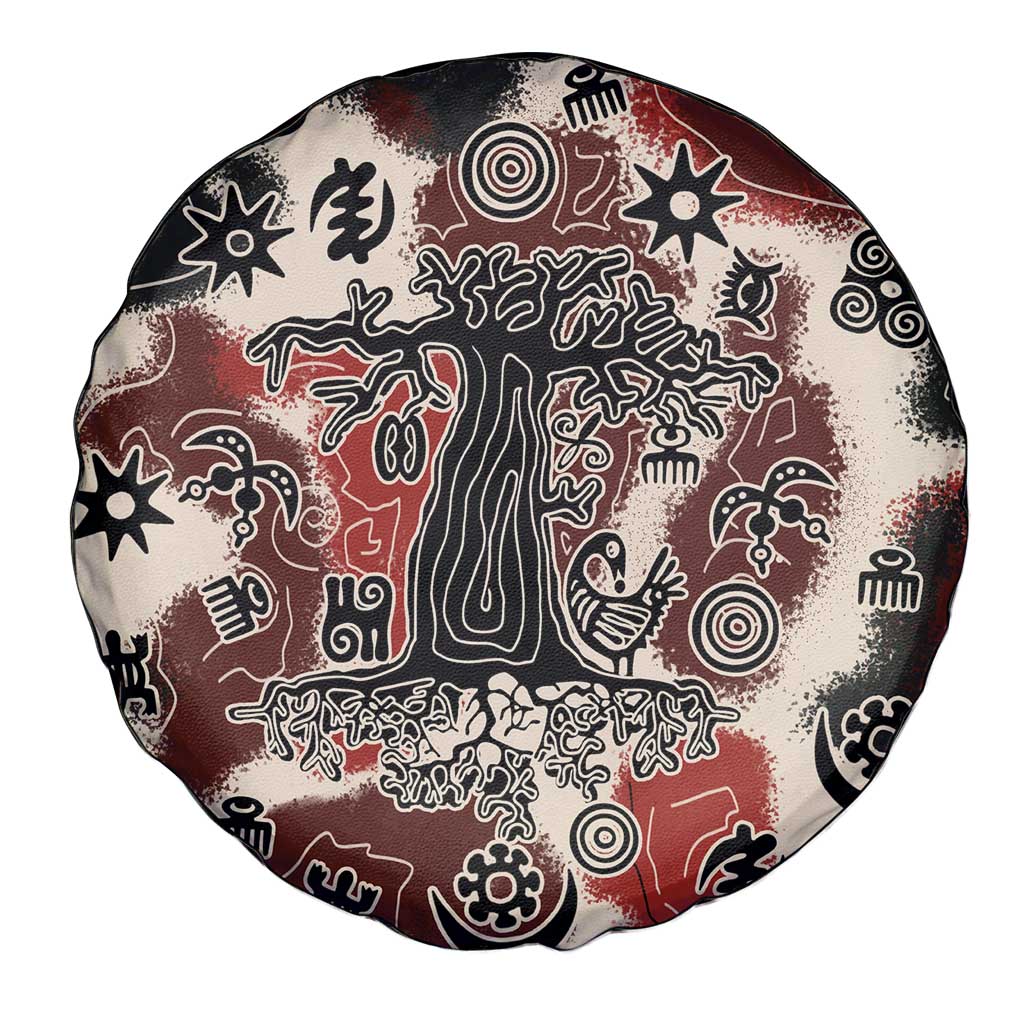 Sacred Heritage Spare Tire Cover African Abstract Baobab Tree, Ethnic Symbols, and Red-Black Pattern - Wonder Print Shop