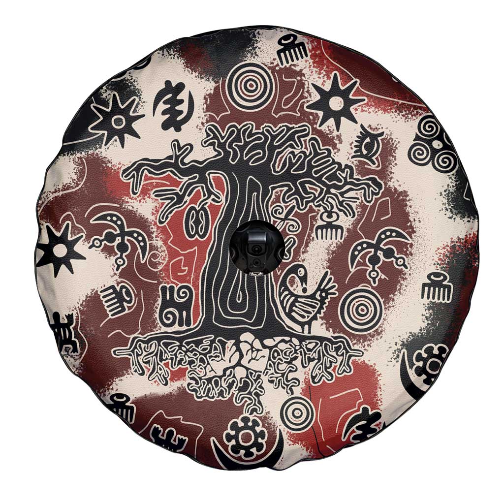 Sacred Heritage Spare Tire Cover African Abstract Baobab Tree, Ethnic Symbols, and Red-Black Pattern - Wonder Print Shop