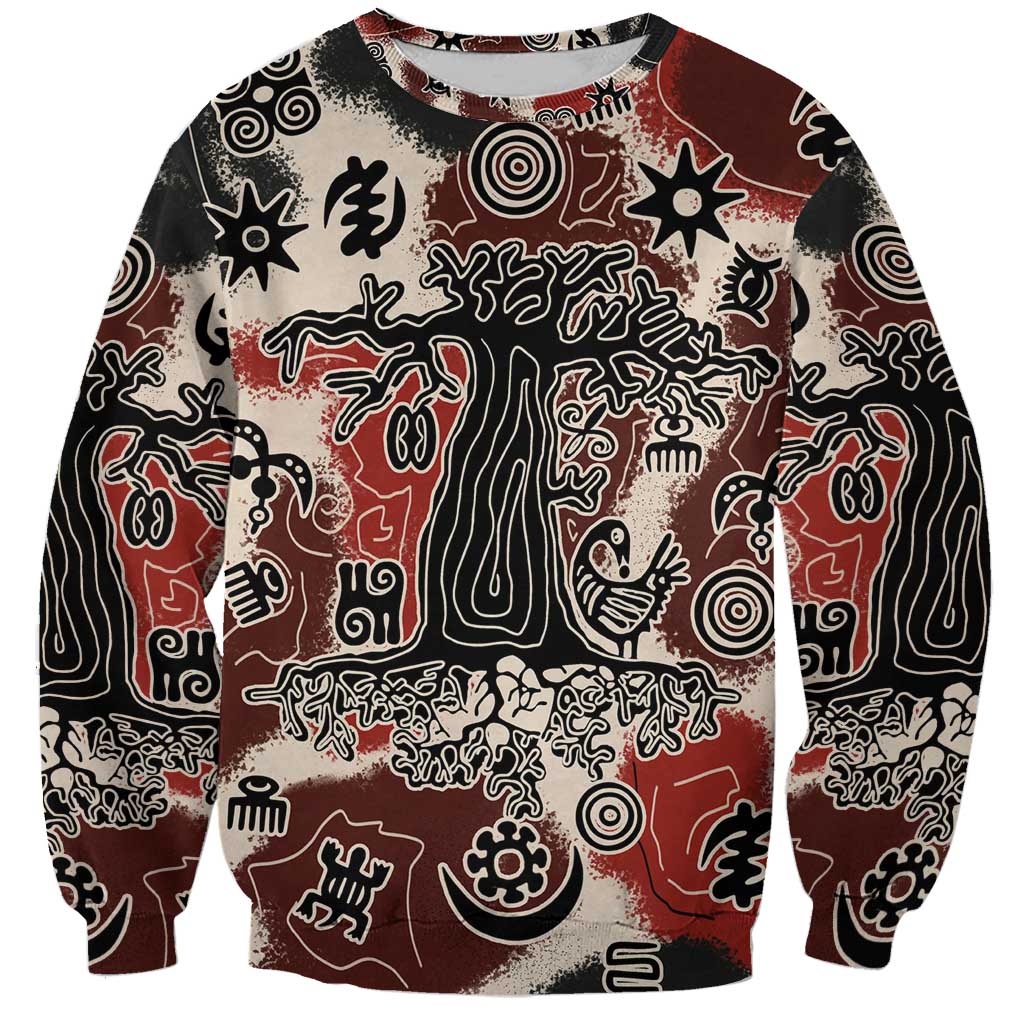 Sacred Heritage Sweatshirt African Abstract Baobab Tree, Ethnic Symbols, and Red-Black Pattern - Wonder Print Shop