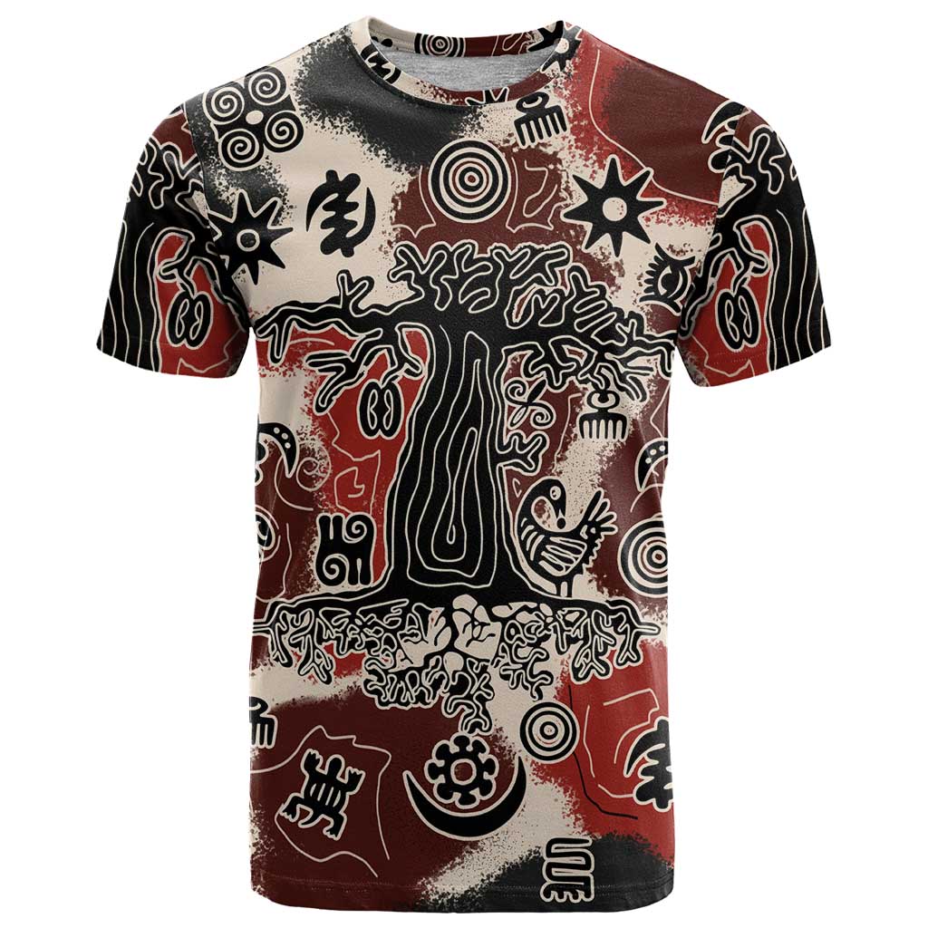 Sacred Heritage T Shirt African Abstract Baobab Tree, Ethnic Symbols, and Red-Black Pattern - Wonder Print Shop