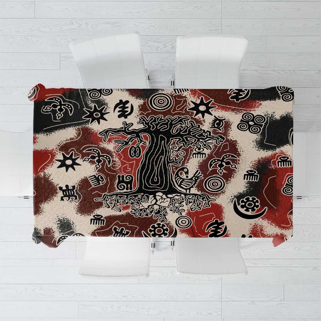 Sacred Heritage Tablecloth African Abstract Baobab Tree, Ethnic Symbols, and Red-Black Pattern - Wonder Print Shop