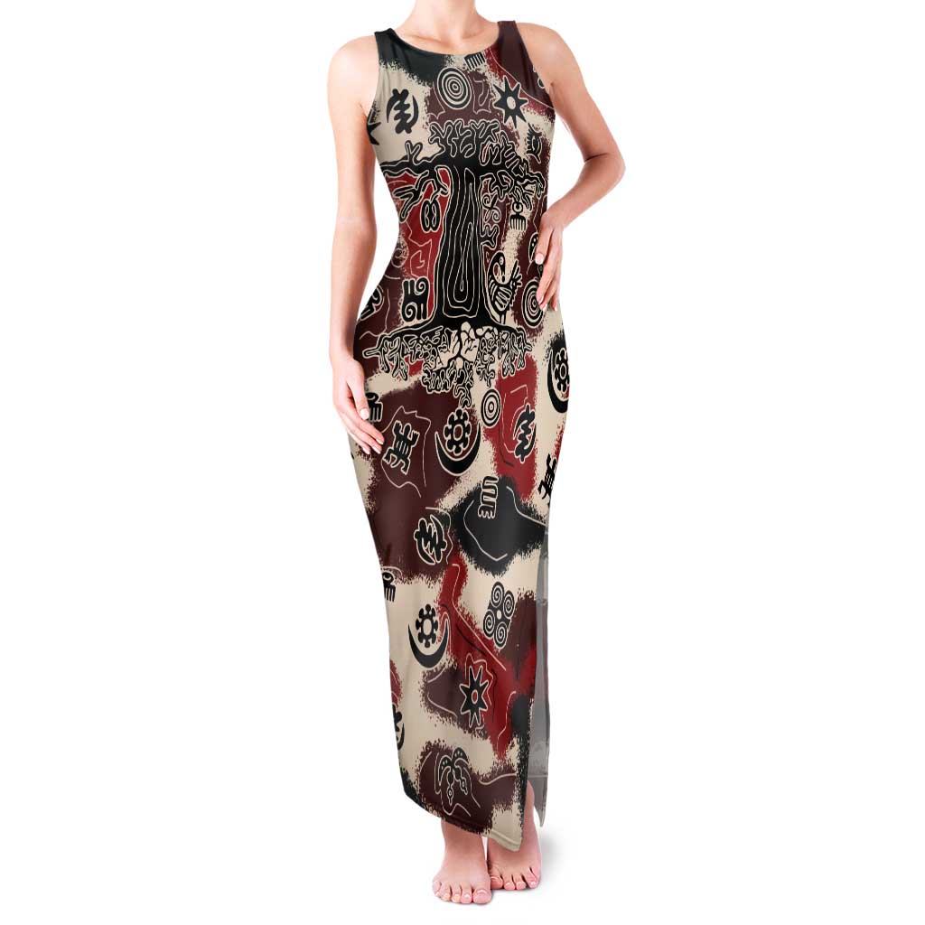 Sacred Heritage Tank Maxi Dress African Abstract Baobab Tree, Ethnic Symbols, and Red-Black Pattern - Wonder Print Shop