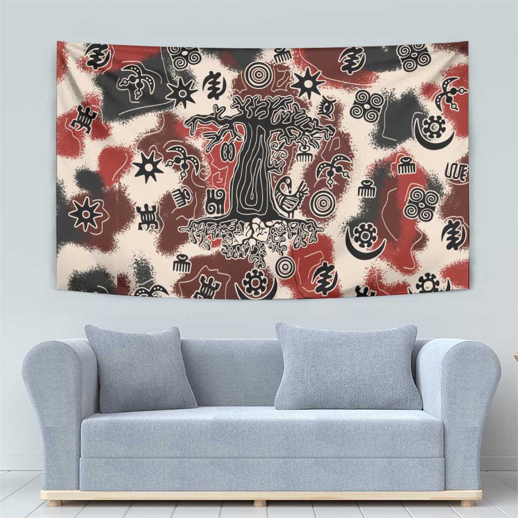 Sacred Heritage Tapestry African Abstract Baobab Tree, Ethnic Symbols, and Red-Black Pattern - Wonder Print Shop