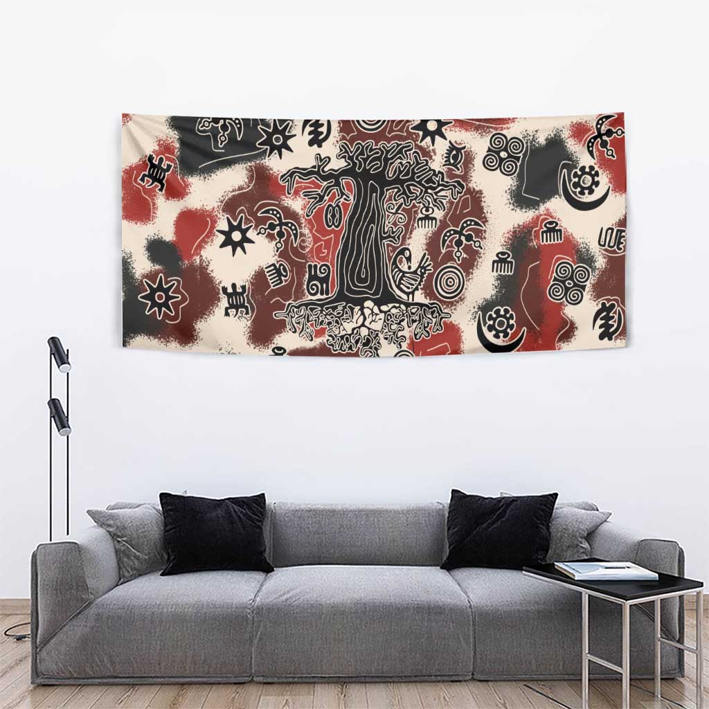Sacred Heritage Tapestry African Abstract Baobab Tree, Ethnic Symbols, and Red-Black Pattern - Wonder Print Shop