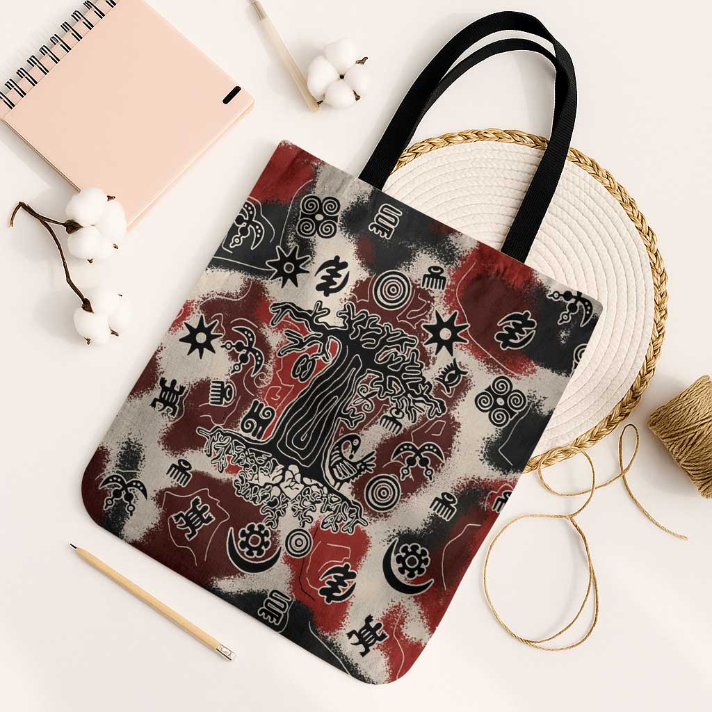 Sacred Heritage Tote Bag African Abstract Baobab Tree, Ethnic Symbols, and Red-Black Pattern - Wonder Print Shop