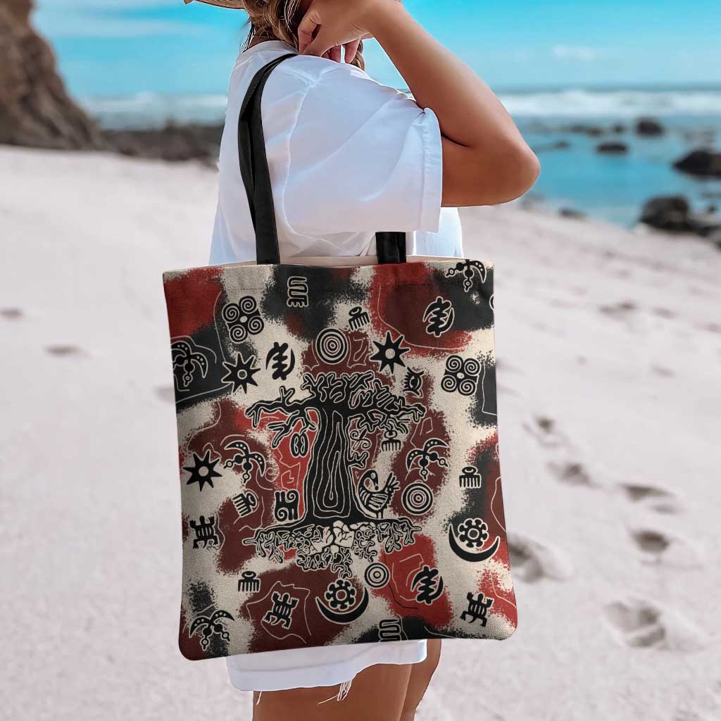 Sacred Heritage Tote Bag African Abstract Baobab Tree, Ethnic Symbols, and Red-Black Pattern - Wonder Print Shop