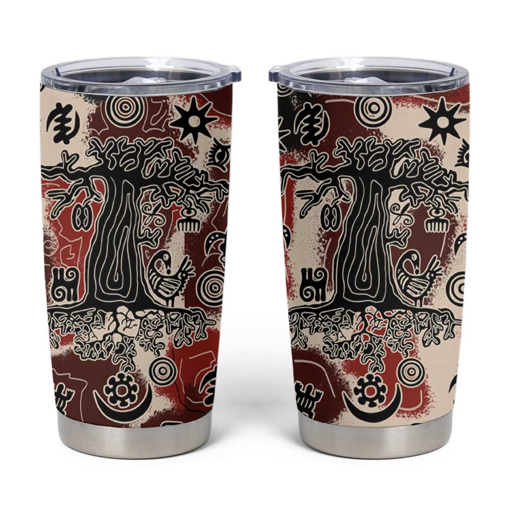 Sacred Heritage Tumbler Cup African Abstract Baobab Tree, Ethnic Symbols, and Red-Black Pattern - Wonder Print Shop