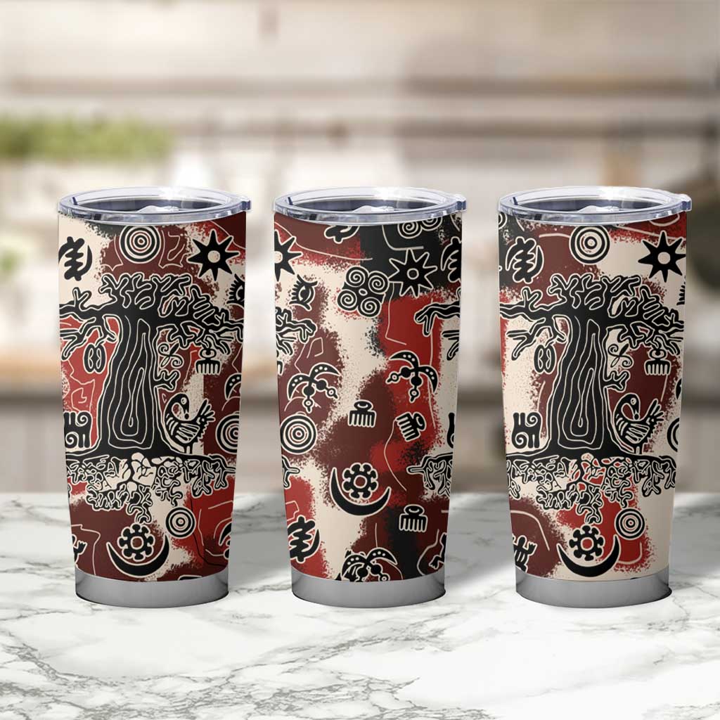 Sacred Heritage Tumbler Cup African Abstract Baobab Tree, Ethnic Symbols, and Red-Black Pattern - Wonder Print Shop