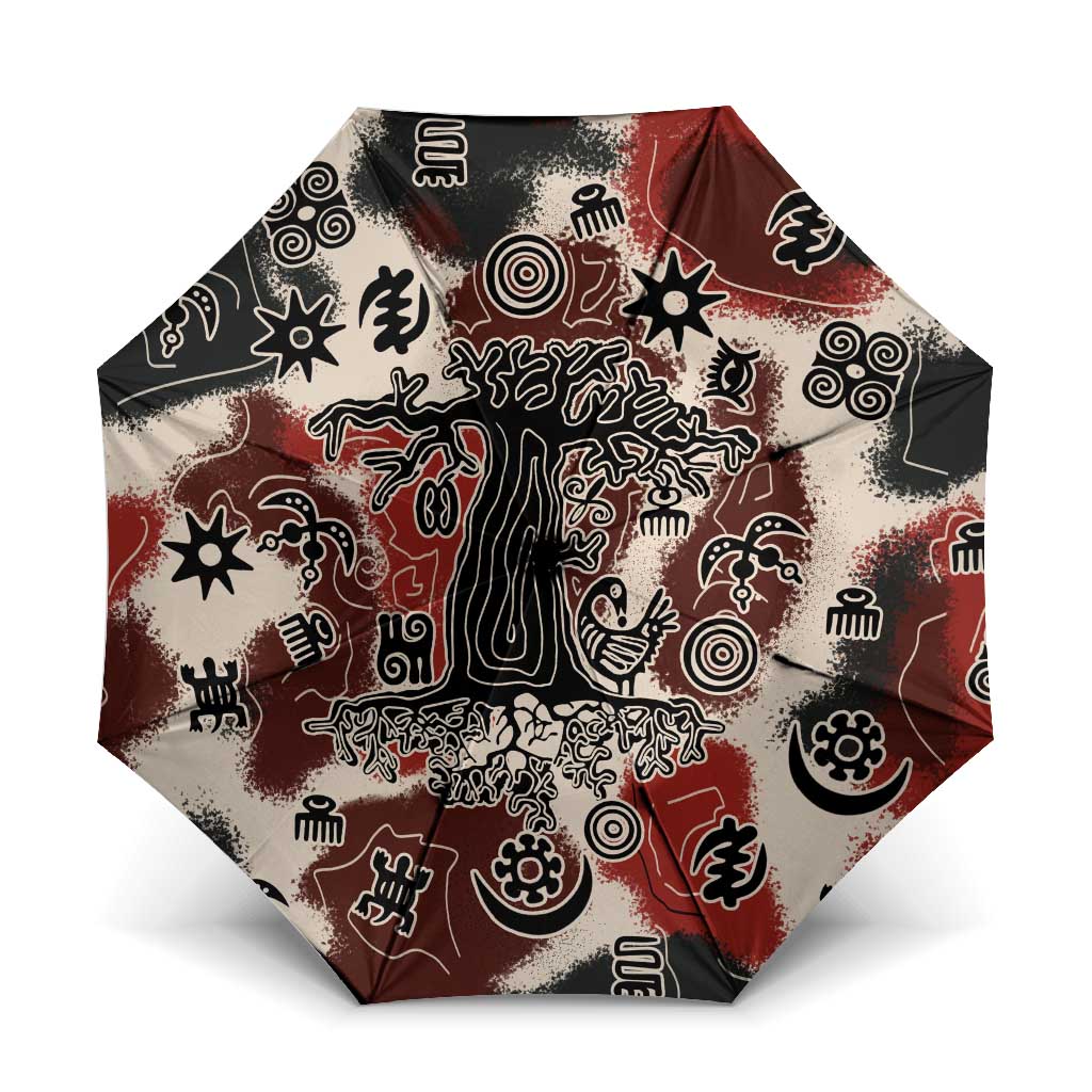 Sacred Heritage Umbrella African Abstract Baobab Tree, Ethnic Symbols, and Red-Black Pattern - Wonder Print Shop