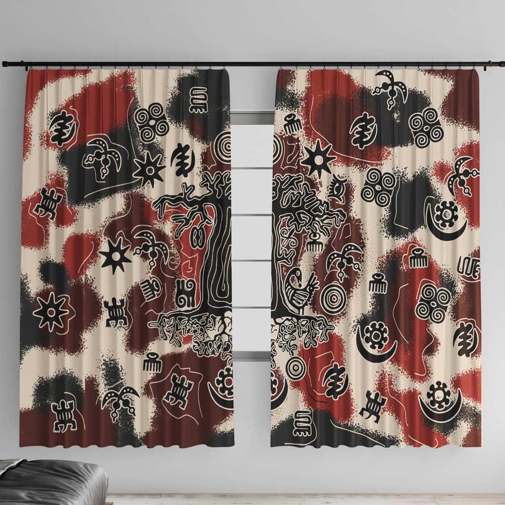 Sacred Heritage Window Curtain African Abstract Baobab Tree, Ethnic Symbols, and Red-Black Pattern - Wonder Print Shop