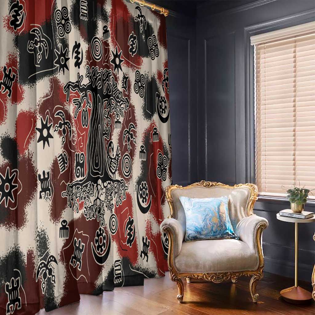 Sacred Heritage Window Curtain African Abstract Baobab Tree, Ethnic Symbols, and Red-Black Pattern - Wonder Print Shop