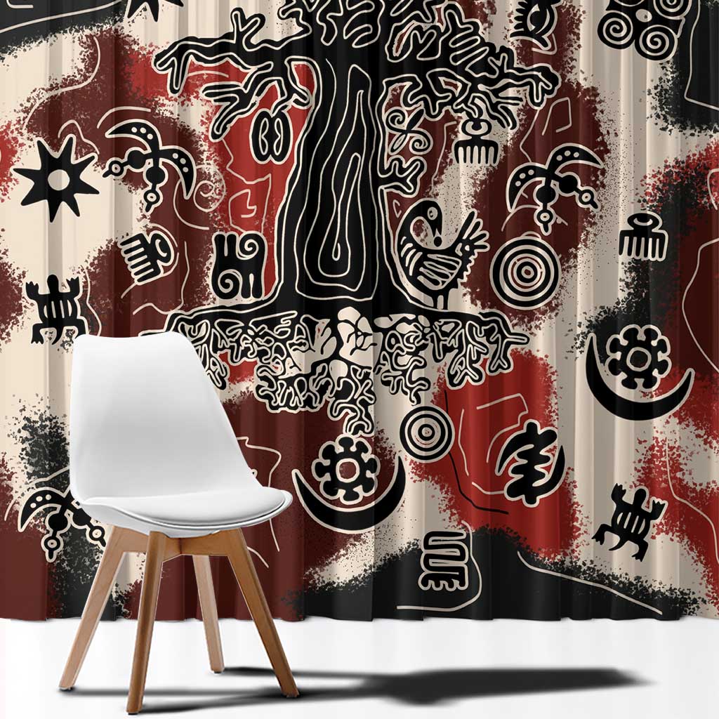 Sacred Heritage Window Curtain African Abstract Baobab Tree, Ethnic Symbols, and Red-Black Pattern - Wonder Print Shop
