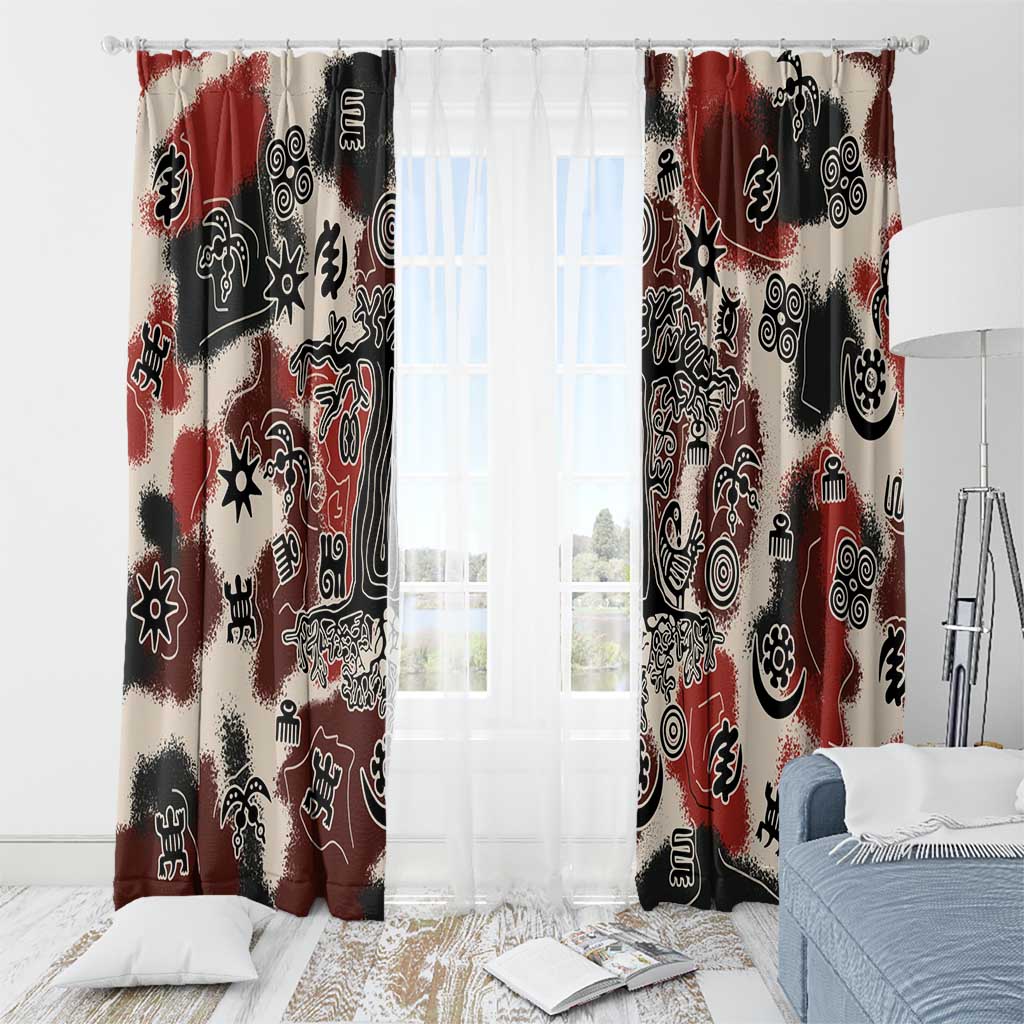 Sacred Heritage Window Curtain African Abstract Baobab Tree, Ethnic Symbols, and Red-Black Pattern - Wonder Print Shop