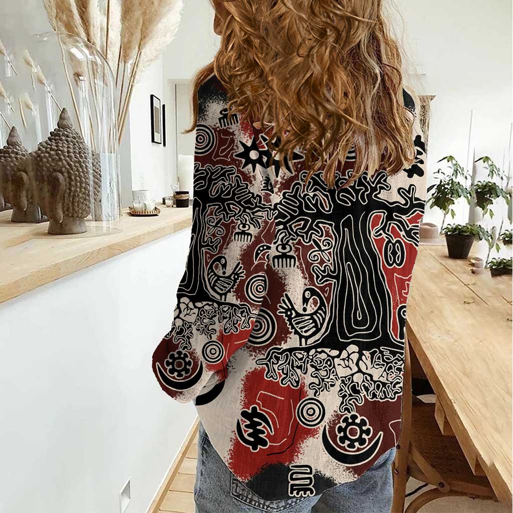 Sacred Heritage Women Casual Shirt African Abstract Baobab Tree, Ethnic Symbols, and Red-Black Pattern - Wonder Print Shop