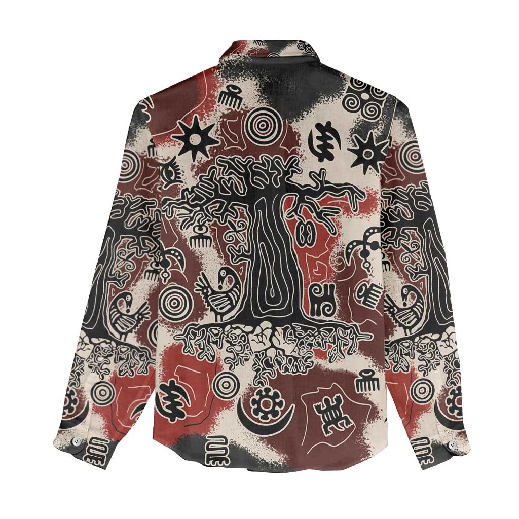 Sacred Heritage Women Casual Shirt African Abstract Baobab Tree, Ethnic Symbols, and Red-Black Pattern - Wonder Print Shop