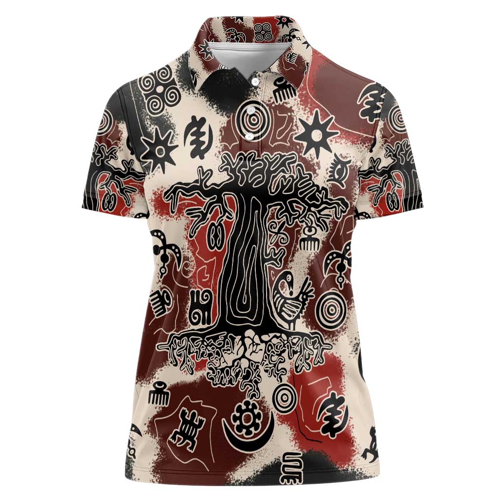 Sacred Heritage Women Polo Shirt African Abstract Baobab Tree, Ethnic Symbols, and Red-Black Pattern - Wonder Print Shop