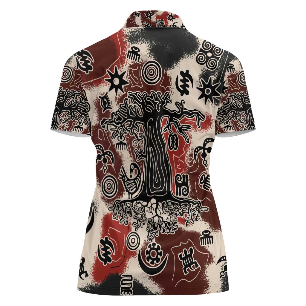 Sacred Heritage Women Polo Shirt African Abstract Baobab Tree, Ethnic Symbols, and Red-Black Pattern - Wonder Print Shop