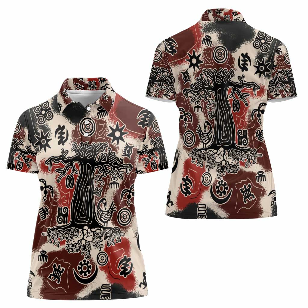 Sacred Heritage Women Polo Shirt African Abstract Baobab Tree, Ethnic Symbols, and Red-Black Pattern - Wonder Print Shop