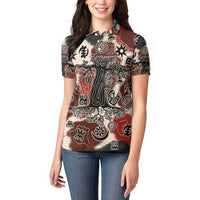 Sacred Heritage Women Polo Shirt African Abstract Baobab Tree, Ethnic Symbols, and Red-Black Pattern - Wonder Print Shop