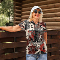 Sacred Heritage Women Polo Shirt African Abstract Baobab Tree, Ethnic Symbols, and Red-Black Pattern - Wonder Print Shop