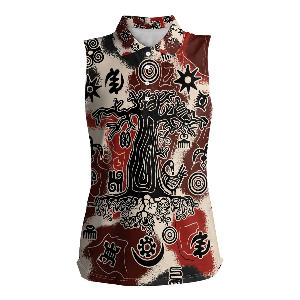 Sacred Heritage Women Sleeveless Polo Shirt African Abstract Baobab Tree, Ethnic Symbols, and Red-Black Pattern - Wonder Print Shop