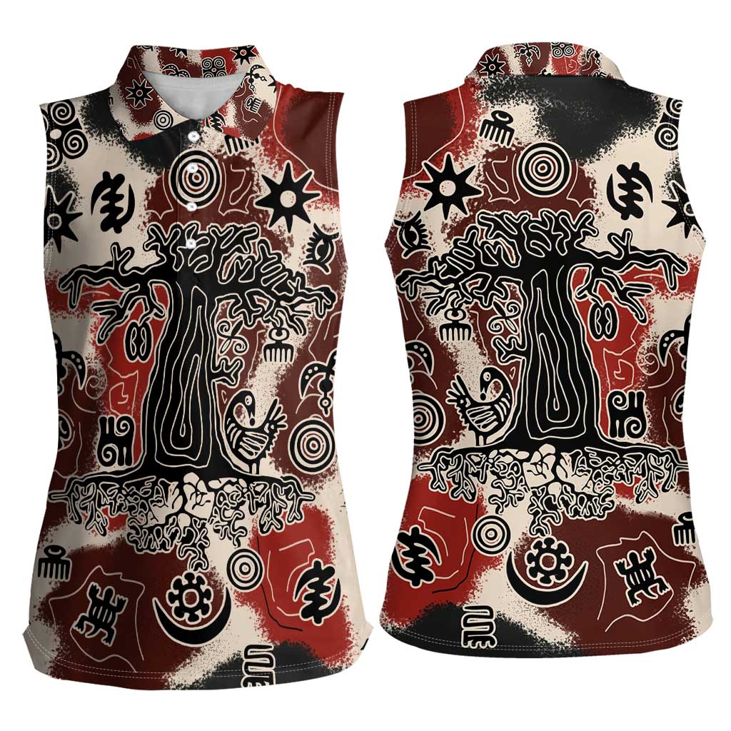 Sacred Heritage Women Sleeveless Polo Shirt African Abstract Baobab Tree, Ethnic Symbols, and Red-Black Pattern - Wonder Print Shop